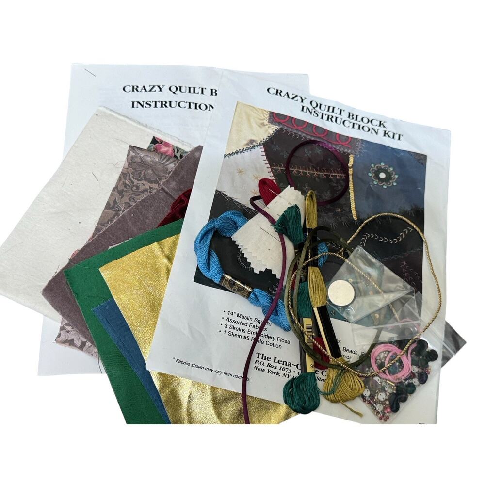 Vintage Leslie Levison Crazy Quilt Block Kit Embroidery Beads Fabric‎ Craft Sew